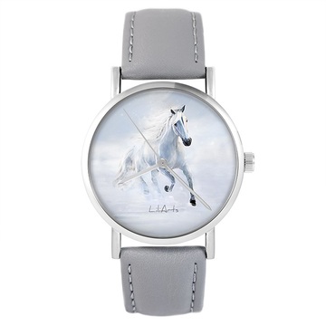 Zegarek LiliArts - Biały koń biegnący - szary, skórzany