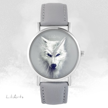 Zegarek LiliArts - Biały Wilk - szary, skórzany