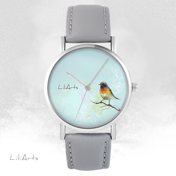 Zegarek LiliArts - Kolorowy ptaszek - szary, skórzany