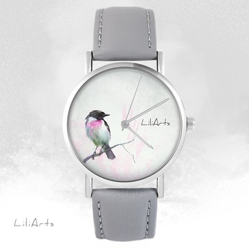 Zegarek LiliArts - Pastelowy ptaszek - szary, skórzany
