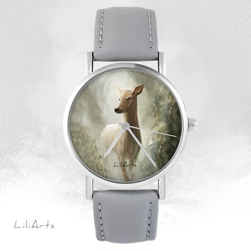 Zegarek LiliArts - Sarna w lesie - szary, skórzany