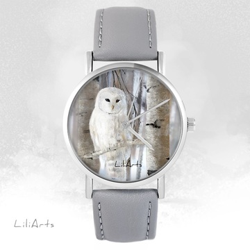 LiliArts watch - Owl - gray, leather