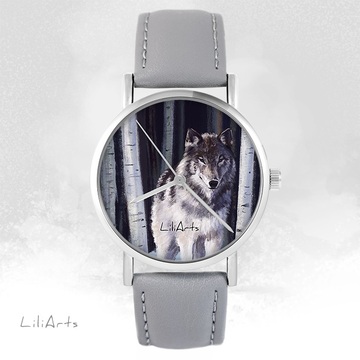 Zegarek LiliArts - Szary wilk - szary, skórzany