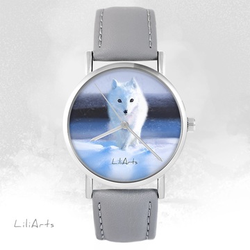 Zegarek LiliArts - Śnieżny lis - szary, skórzany
