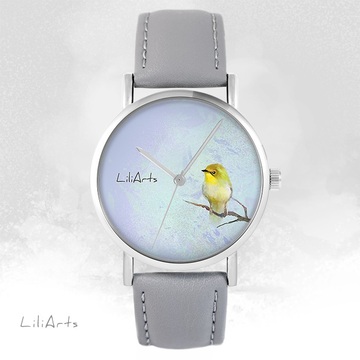 Zegarek LiliArts - Żółty ptaszek - szary, skórzany