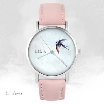 Zegarek LiliArts - Jaskółka - pudrowy róż, skórzany