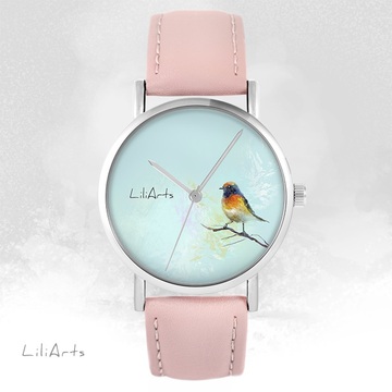 Zegarek LiliArts - Kolorowy ptaszek - pudrowy róż, skórzany