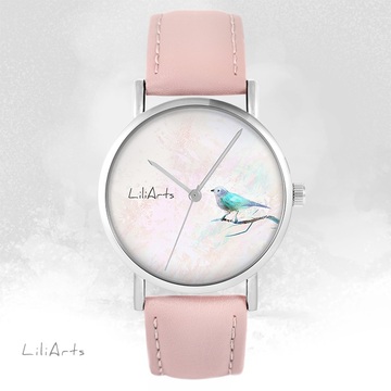 Zegarek LiliArts - Turkusowy ptaszek - pudrowy róż, skórzany