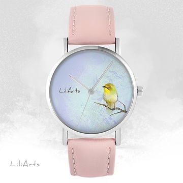 LiliArts watch - Yellow bird - powder pink, leather