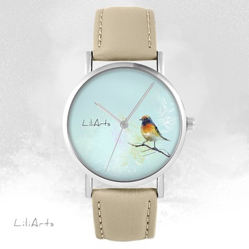 Zegarek LiliArts - Kolorowy ptaszek - beżowy, skórzany