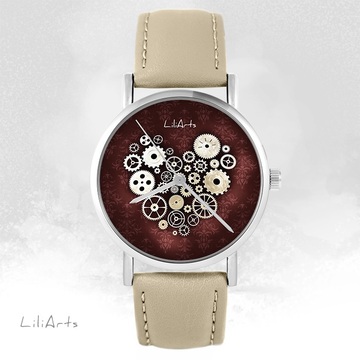 Zegarek LiliArts - Serce Steampunk - beżowy, skórzany