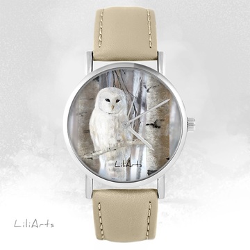 LiliArts watch - Owl - beige, leather