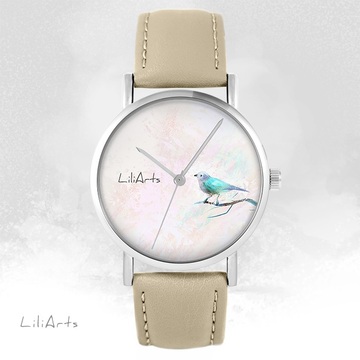 Zegarek LiliArts - Turkusowy ptaszek - beżowy, skórzany