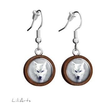 Wooden earrings LiliArts - White wolf - hanging