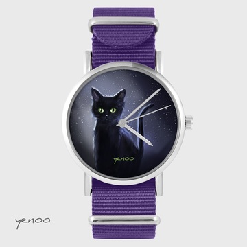 Zegarek yenoo - Czarny kot, noc - fiolet, nylonowy