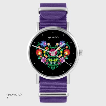 Zegarek yenoo - Folkowe serce, czarne - fiolet, nylonowy