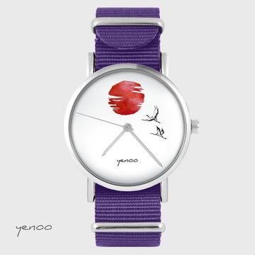 Zegarek yenoo - Japońskie żurawie na tle słońca - fiolet, nylonowy