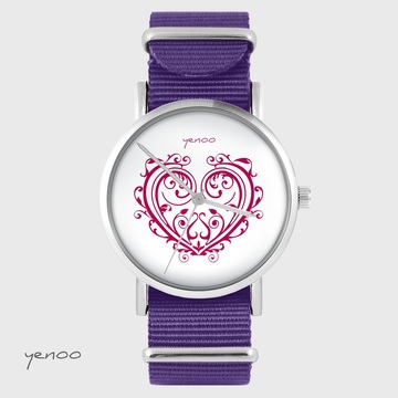 Zegarek yenoo - Serce ornamentowe - fiolet, nylonowy