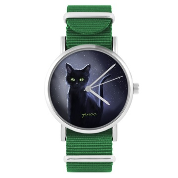 Zegarek yenoo - Czarny kot, noc - zielony, nylonowy