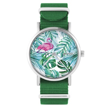 Zegarek yenoo - Flaming, tropikalny - zielony, nylonowy
