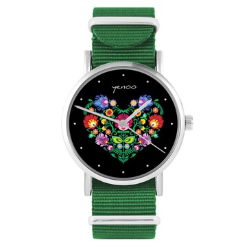 Zegarek yenoo - Folkowe serce, czarne - zielony, nylonowy