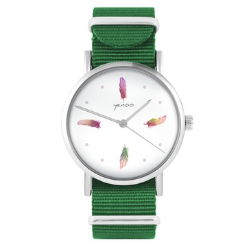 Zegarek yenoo - Kolorowe piórka - zielony, nylonowy