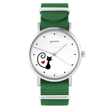 Zegarek yenoo - Kotek serce - zielony, nylonowy