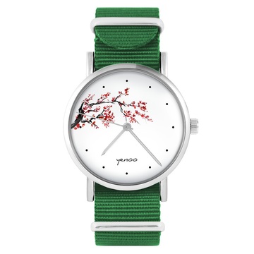 Zegarek yenoo - Kwitnąca wiśnia - zielony, nylonowy