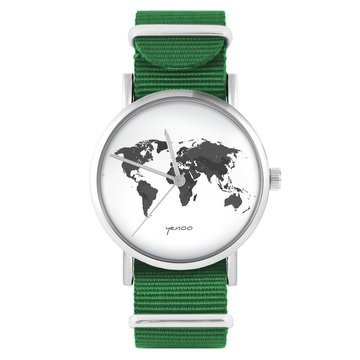 Zegarek yenoo - Mapa świata - zielony, nylonowy