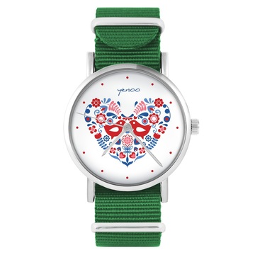 Zegarek yenoo - Ptaszki folkowe - zielony, nylonowy