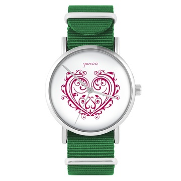 Zegarek yenoo - Serce ornamentowe - zielony, nylonowy