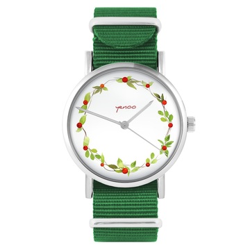 Zegarek yenoo - Wianek, dzika róża - zielony, nylonowy