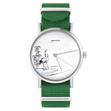 Zegarek yenoo - Żurawie sumi-e - zielony, nylonowy