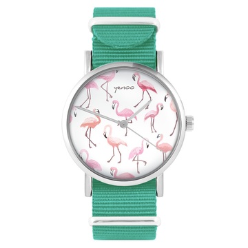 Zegarek yenoo - Flamingi - turkusowy, nylonowy