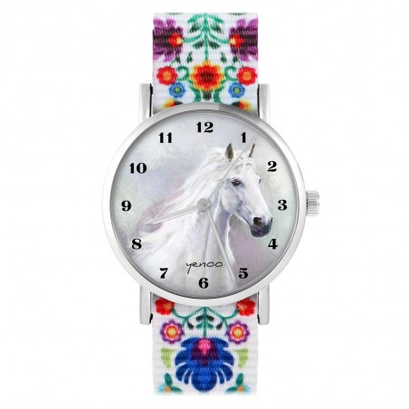 Yenoo watch - White horse, digits - folk, nylon