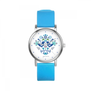 Zegarek yenoo - Ptaszki folkowe - niebieskie - niebieski, silikonowy