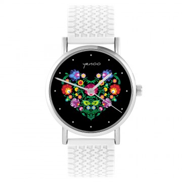 Zegarek yenoo -  Folkowe serce, czarne - biały, silikonowy