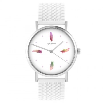 Zegarek yenoo -  Kolorowe piórka - biały, silikonowy