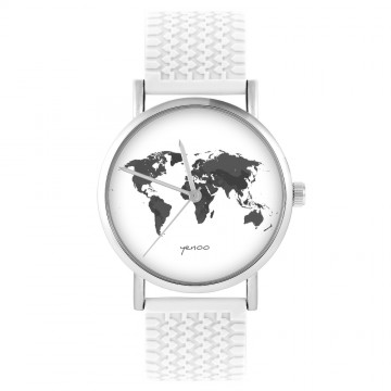 Zegarek yenoo -  Mapa świata, jasna - biały, silikonowy