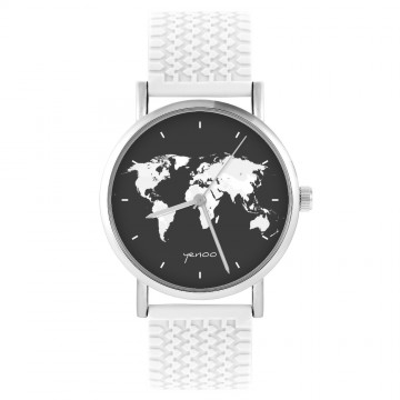 Zegarek yenoo -  Mapa świata, oznaczenia - biały, silikonowy