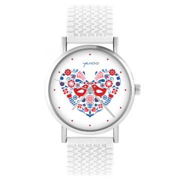 Zegarek yenoo -  Ptaszki folkowe - biały, silikonowy