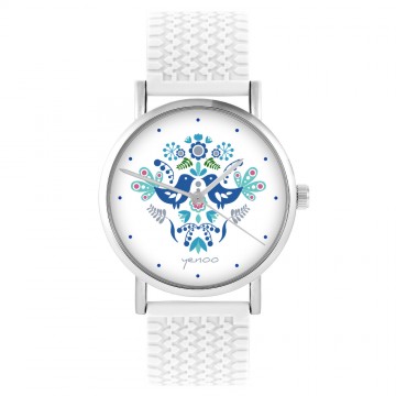 Zegarek yenoo -  Ptaszki folkowe, niebieskie - biały, silikonowy