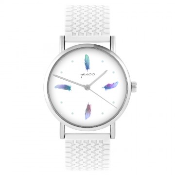 Zegarek yenoo -  Turkusowe piórka - biały, silikonowy