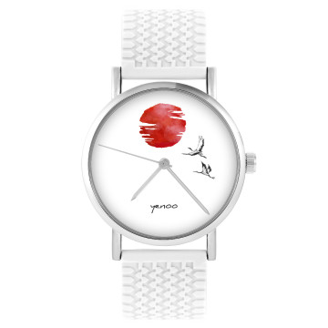 Zegarek yenoo -  Japońskie żurawie na tle słońca - biały, silikonowy