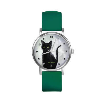 Zegarek yenoo -  Czarny kot - cyfry - zielony, silikonowy