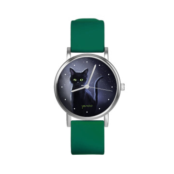 Zegarek yenoo -  Czarny kot noc - oznaczenia - zielony, silikonowy
