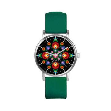 Zegarek yenoo -  Folkowa mandala - czarny - zielony, silikonowy