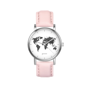 Zegarek yenoo - Mapa świata biała oznaczenia - pudrowy róż, skórzany