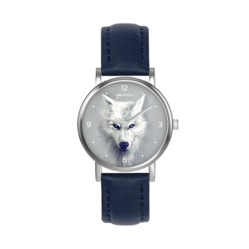 Zegarek yenoo - Bały wilk oznaczenia - granatowy, skórzany