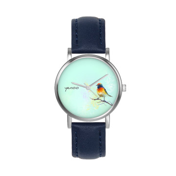 Zegarek yenoo - Kolorowy ptaszek - granatowy, skórzany